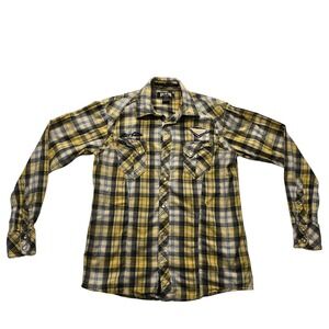 Ring of Fire Western Y2K Pearl Snap‎ Plaid Shirt Yellow Small